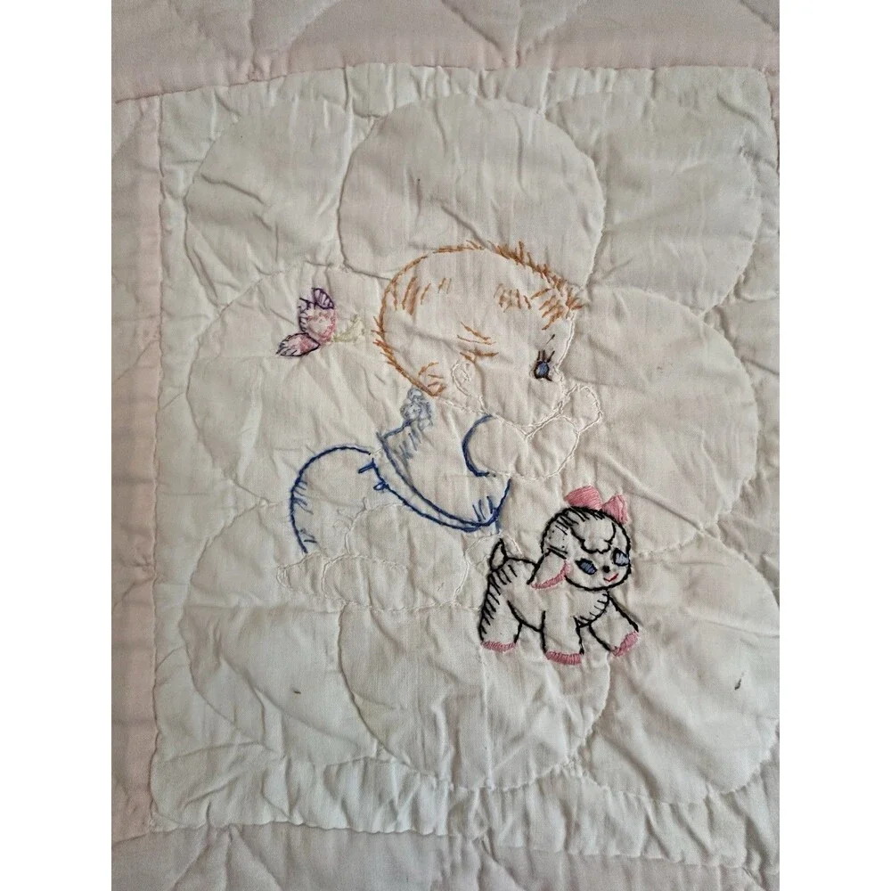 Vintage Handmade Baby Quilt – Embroidered Nursery Animals Pink 52 X 42